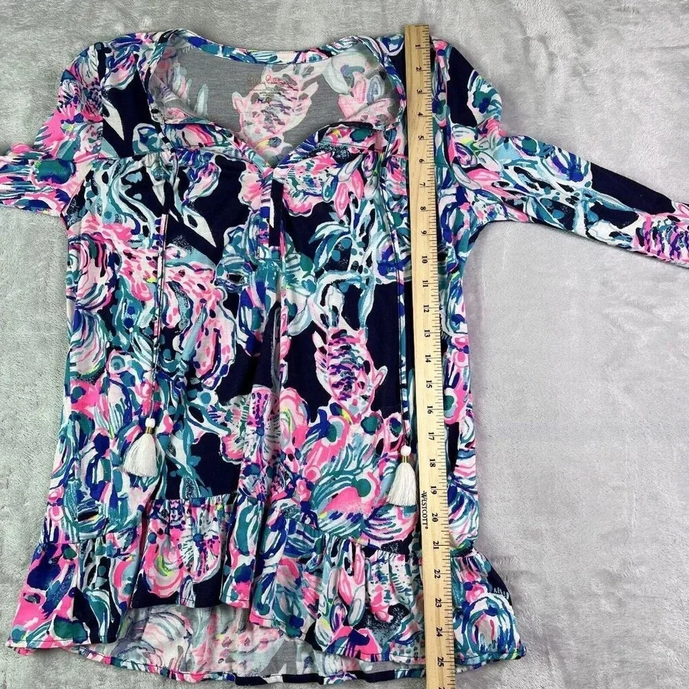 Lilly Pulitzer Top Blouse Size XS Blue Pink Long Sleeve Beach Tropical Fish - Picture 7 of 14